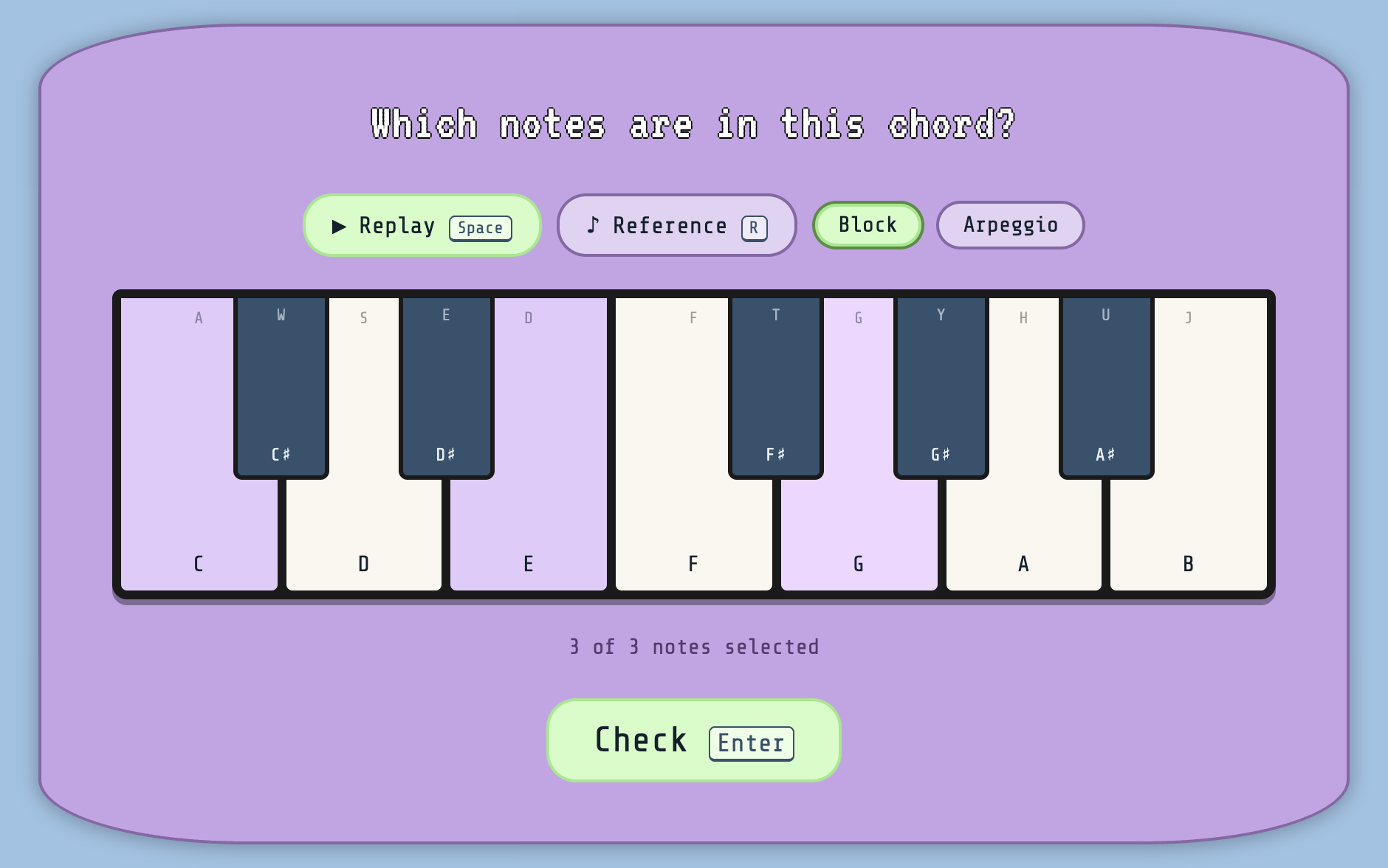 Chordji chord question screen with a piano keyboard